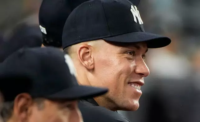 New York Yankees' Aaron Judge looks on during a baseball game against the Houston Astros, Thursday, Aug. 27, 2026, in New York. (AP Photo/Eduardo Munoz Alvarez)