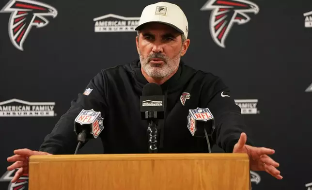 Atlanta Falcons head coach Kevin Stefanski talks after an NFL football game against the Green Bay Packers in Green Bay, Wis., Thursday, Sept. 24, 2026. (AP Photo/Abbie Parr)