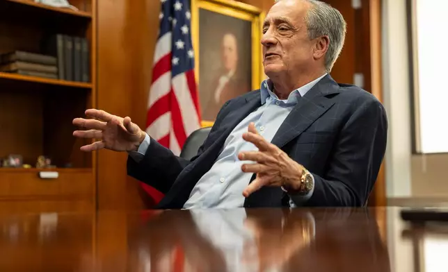 Postmaster General David Steiner speaks during an interview with The Associated Press at the United States Postal Service headquarters, Thursday, Sept. 17, 2026, in Washington. (AP Photo/Mark Schiefelbein)