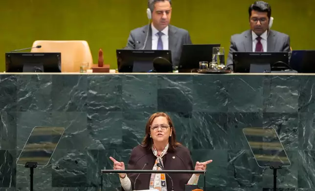 El Salvador's Minister of Foreign Affairs Alexandra Hill Tinoco addresses the 81st session of the United Nations General Assembly at United Nations headquarters, Monday, Sept. 28, 2026. (AP Photo/Yuki Iwamura)