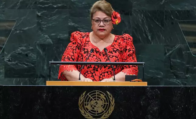 Samoa's Deputy Prime Minister Mulipola Anarosa Ale Molioo addresses the 81st session of the United Nations General Assembly at U.N. headquarters Friday, Sept. 25, 2026. (AP Photo/Frank Franklin II)