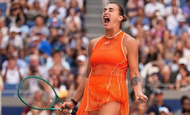 Aryna Sabalenka, of Belarus, celebrates winning a match against Linda Noskova, of the Czech Republic, during the quarterfinal round of the U.S. Open tennis championships, Tuesday, Sept. 8, 2026, in New York. (AP Photo/Seth Wenig)