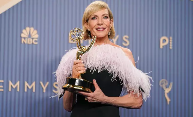 Allison Janney poses in the press room with the award for outstanding supporting actress in a drama series for "The Diplomat" during the 78th Emmy Awards on Monday, Sept. 14, 2026, at the JW Marriott in Los Angeles. (Photo by Richard Shotwell/Invision/AP)