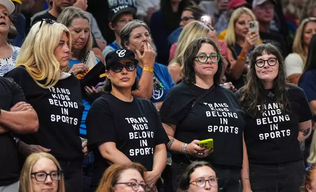 FILE - Fans wear shirts saying, "Trans Kids Belong In Sports," during a WNBA basketball game between the Minnesota Lynx and the Indiana Fever, Aug. 2, 2026, in Minneapolis. (AP Photo/Abbie Parr)