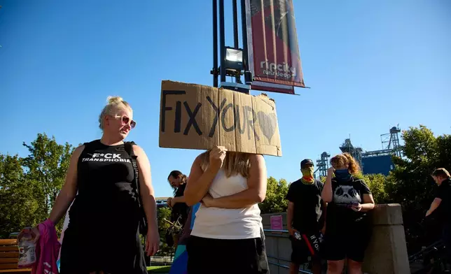 FILE - A woman holds a sign supporting trans people during a rally before a WNBA basketball game between the Portland Fire and the Indiana Fever in Portland, Ore., July 31, 2026. (AP Photo/Craig Mitchelldyer, File)