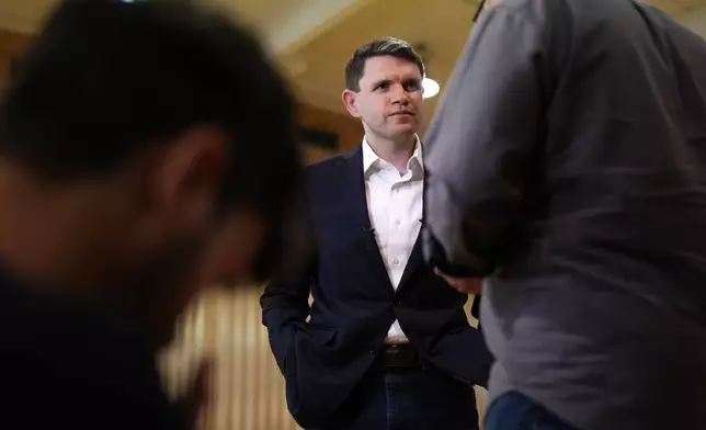 Democratic U.S. Senate candidate Texas state Rep. James Talarico speaks during a television interview at a food drive at the Frederick Douglass Human Services and Justice Center, Wednesday, Sept. 9, 2026, in Dallas. (AP Photo/Julia Demaree Nikhinson)