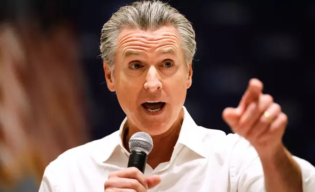 California Gov. Gavin Newsom speaks at a rally for democratic candidates Saturday, Sept. 5, 2026, in Monroe, N.C. (AP Photo/Nell Redmond)