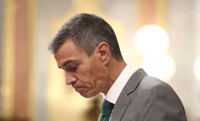 Spanish Prime Minister Pedro Sánchez addresses lawmakers about the situation in Ceuta, the Spanish exclave in North Africa facing a migrant crisis, during a session of Parliament in Madrid, Thursday, Sept. 3, 2026. (Fernando Sánchez/Europa Press via AP)