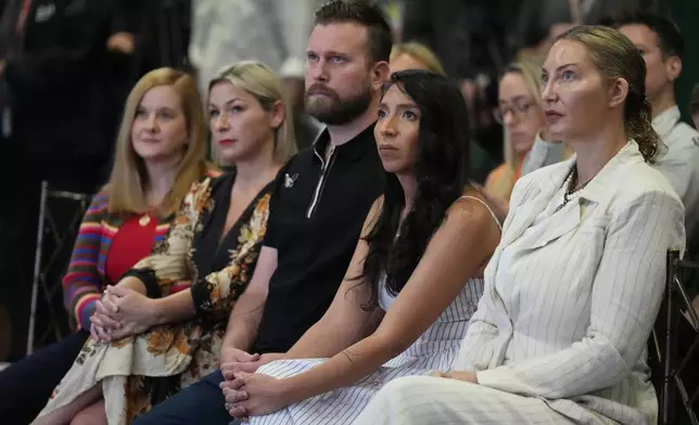 ADDS NAMES - Victims of Jeffrey Epstein sit in the front row, from left, Liz Stein, Dani Bensky, Sky Roberts, brother of a victim, Amanda Roberts, sister-in-law of a victim and Lara Blume McGee, as Democratic U.S. Senate candidate Texas state Rep. James Talarico speaks during an event in Dallas, Thursday, Sept. 10, 2026. (AP Photo/Jacquelyn Martin)