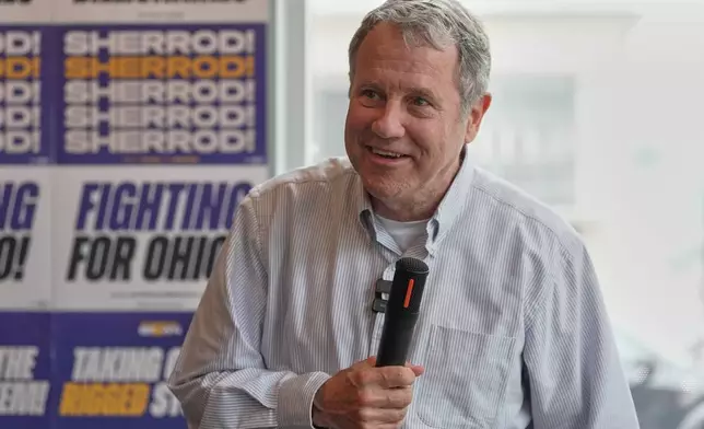 FILE - Democratic Ohio Senate candidate Sherrod Brown, a former three-term U.S. senator, speaks at a campaign event in Akron, Ohio, on July 16, 2026. (AP Photo/Sue Ogrocki, File)