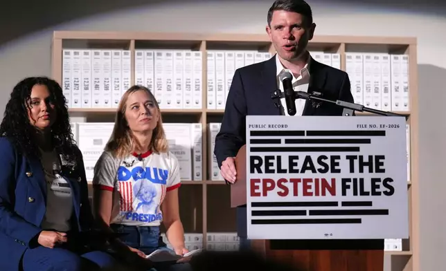 Democratic U.S. Senate candidate Texas state Rep. James Talarico speaks during an event in Dallas, Thursday, Sept. 10, 2026, as Sharlene Rochard, left, and Annie Farmer, look on. (AP Photo/Jacquelyn Martin)