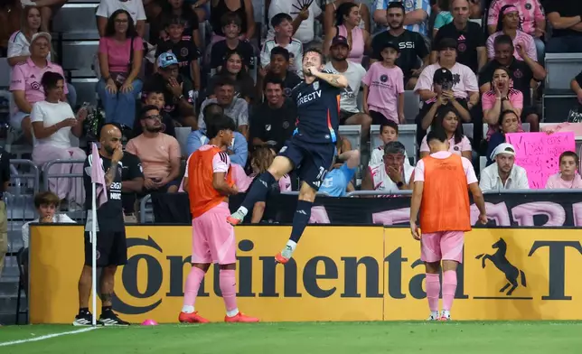 San Diego FC midfielder Anders Dreyer (10) celebrates after scoring during the first half of an MLS soccer game against Inter Miami, Sunday, Sept. 20, 2026, in Miami. (AP Photo/David Santiago)