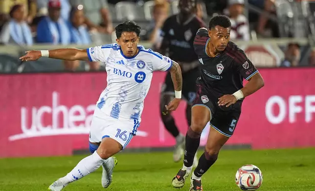 Colorado Rapids defender Loïc Williams, right, pursues the ball with CF Montréal midfielder Wikelman Carmona in the first half of an MLS soccer match Saturday, Sept. 12, 2026, in Dick's Sporting Goods Park in Commerce City, Colo. (AP Photo/David Zalubowski)
