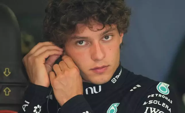 Mercedes driver Andrea Kimi Antonelli of Italy prepares for the second free practice ahead of the Italian Formula One Grand Prix, in Monza, Italy, Friday, Sept. 4, 2026. (AP Photo/Luca Bruno)