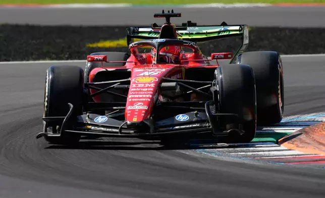 Ferrari driver Charles Leclerc of Monaco steers his car during the first free practice ahead of the Italian Formula One Grand Prix, in Monza, Italy, Friday, Sept. 4, 2026. (AP Photo/Luca Bruno)