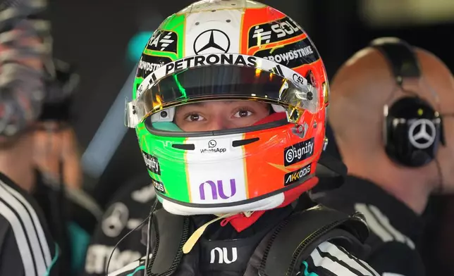 Mercedes driver Andrea Kimi Antonelli of Italy prepares for the first free practice ahead of the Italian Formula One Grand Prix, in Monza, Italy, Friday, Sept. 4, 2026. (AP Photo/Antonio Calanni)