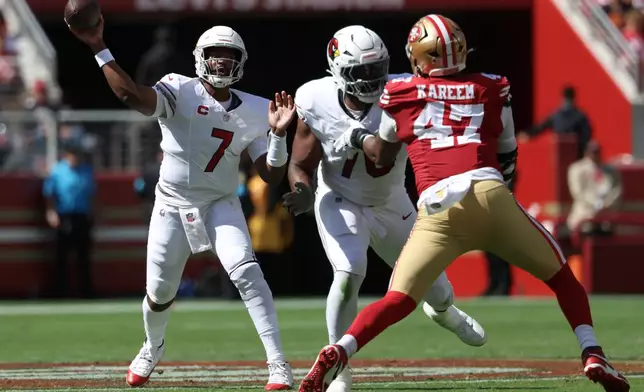 Arizona Cardinals quarterback Jacoby Brissett (7) passes against the San Francisco 49ers during the first half of an NFL football game in Santa Clara, Calif., Sunday, Sept. 27, 2026. (AP Photo/Jed Jacobsohn)