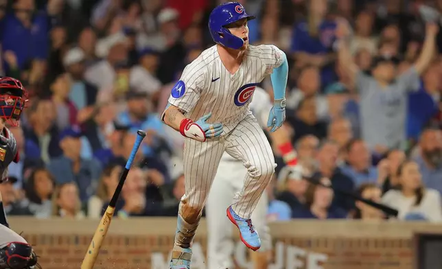 Chicago Cubs' Pete Crow-Armstrong watches his home run during the seventh inning of a baseball game against the Atlanta Braves, Wednesday, Sept. 16, 2026, in Chicago. (AP Photo/Melissa Tamez)