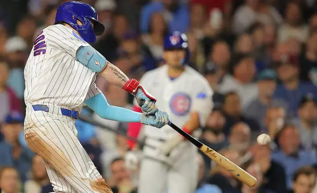 Chicago Cubs' Pete Crow-Armstrong hits a home run during the seventh inning of a baseball game against the Atlanta Braves, Wednesday, Sept. 16, 2026, in Chicago. (AP Photo/Melissa Tamez)