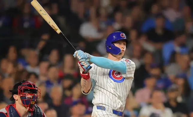 Chicago Cubs' Pete Crow-Armstrong watches the ball during the fifth inning of a baseball game against the Atlanta Braves, Wednesday, Sept. 16, 2026, in Chicago. (AP Photo/Melissa Tamez)