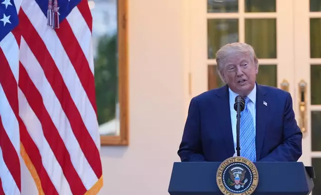 President Donald Trump speaks during a dinner in the Rose Garden of the White House, Thursday, Sept. 17, 2026, in Washington. (AP Photo/Alex Brandon)