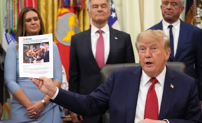 President Donald Trump holds up a printout of a Breitbart article as Arkansas Gov. Sarah Huckabee Sanders, from left, Mehmet Oz, administrator of the Centers for Medicare & Medicaid Services, and Health and Human Services Secretary Robert F. Kennedy Jr., look on during an event about healthcare in the Oval Office of the White House, Friday Sept. 18, 2026, in Washington. (AP Photo/Jacquelyn Martin)