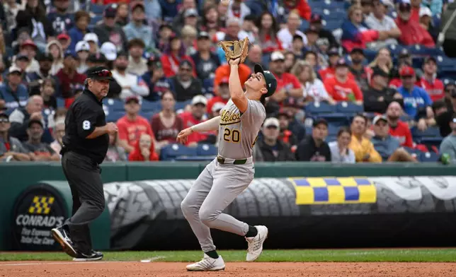 Athletics' Zack Gelof prepares to catch a fly ball by Cleveland Guardians' Jose Ramirez during the sixth inning of a baseball game, Sunday, Sept. 20, 2026, in Cleveland. (AP Photo/Phil Long)