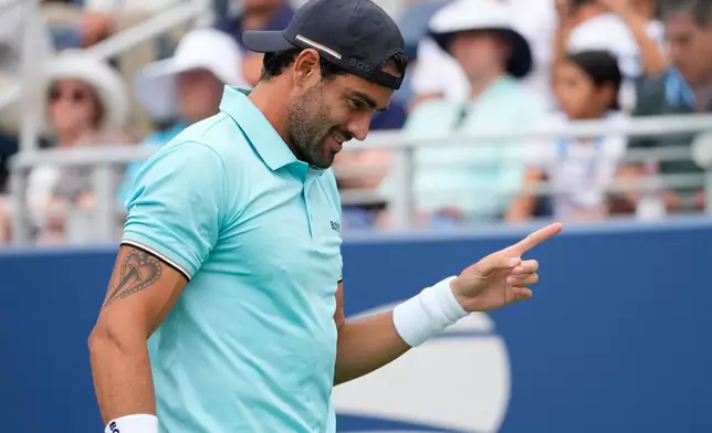 Matteo Berrettini, of Italy, reacts during a match against Stan Wawrinka, of Switzerland, during the first round of the U.S. Open tennis championships Monday, Aug. 31, 2026, in New York. (AP Photo/Yuki Iwamura)