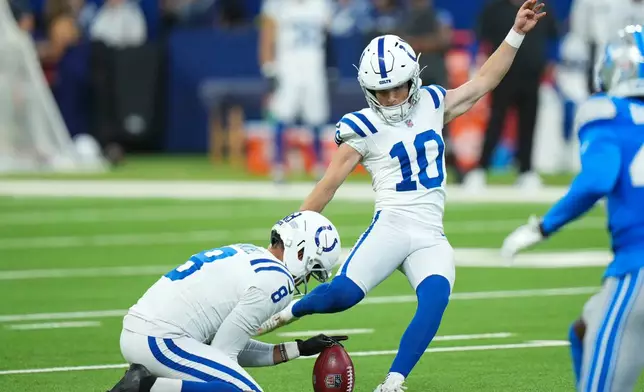 Indianapolis Colts kicker Blake Grupe (10) kicks a field goal against the Detroit Lions during the first half of a preseason NFL football game in Indianapolis, Saturday, Aug. 29, 2026. (AP Photo/AJ Mast)