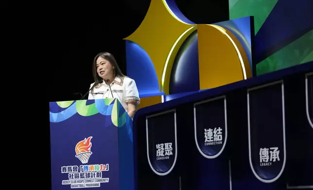 Rosanna Law, Secretary for Culture, Sports and Tourism, delivers a speech at the Jockey Club Hoops Connect Community Basketball Programme kick-off ceremony. Photo source: HKJC