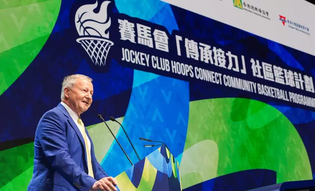 Club Chief Executive Officer Winfried Engelbrecht-Bresges delivers a speech at the Jockey Club Hoops Connect Community Basketball Programme kick-off ceremony. Photo source: HKJC