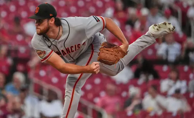 San Francisco Giants pitcher Landen Roupp throws during the first inning of a baseball game against the St. Louis Cardinals Monday, Sept. 14, 2026, in St. Louis. (AP Photo/Jeff Roberson)