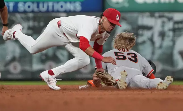 San Francisco Giants' Jonah Cox (53) is caught stealing as St. Louis Cardinals shortstop Masyn Winn places the tag during the sixth inning of a baseball game Monday, Sept. 14, 2026, in St. Louis. (AP Photo/Jeff Roberson)