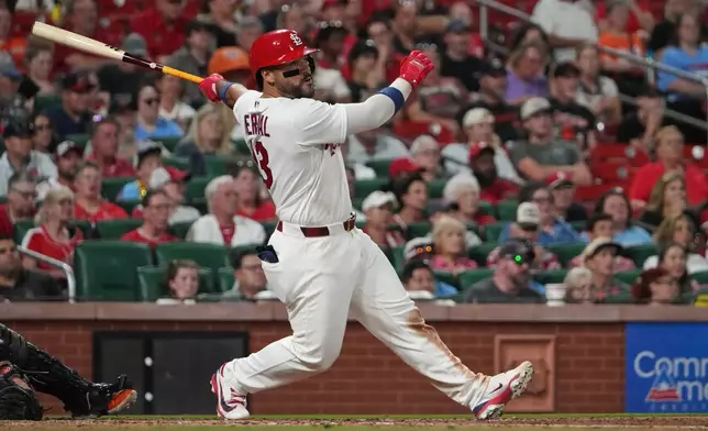 St. Louis Cardinals' Leo Bernal follows through on an RBI single during the fifth inning of a baseball game against the San Francisco Giants Monday, Sept. 14, 2026, in St. Louis. (AP Photo/Jeff Roberson)