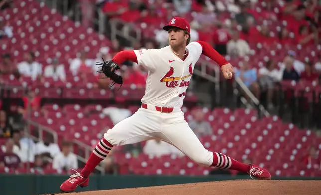 St. Louis Cardinals starting pitcher Quinn Mathews throws during the first inning of a baseball game against the San Francisco Giants Monday, Sept. 14, 2026, in St. Louis. (AP Photo/Jeff Roberson)