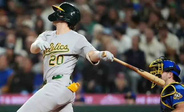 Athletics' Zack Gelof follows through on an RBI triple against the Seattle Mariners during the fifth inning of a baseball game, Friday, Sept. 4, 2026, in Seattle. (AP Photo/Lindsey Wasson)