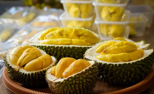 Freshly opened durians are displayed for sale at a durian stall in Petaling Jaya, on the outskirts of Kuala Lumpur, Malaysia, Monday, June 22, 2026. (AP Photo/Vincent Thian)