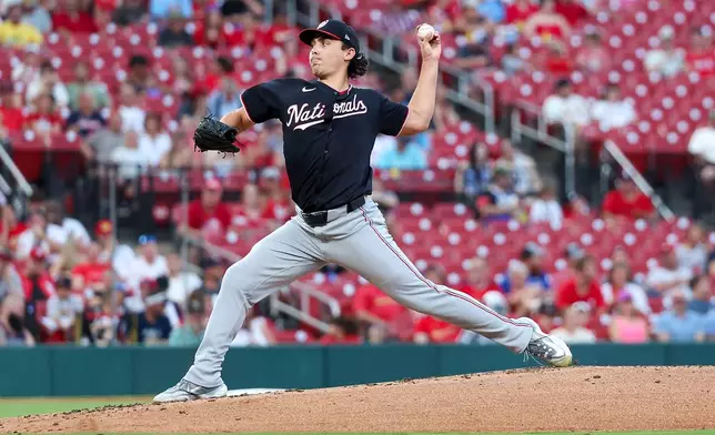 Washington Nationals starting pitcher Andrew Alvarez throws during the first inning of a baseball game against the St. Louis Cardinals Saturday, Sept. 19, 2026, in St. Louis. (AP Photo/Scott Kane)