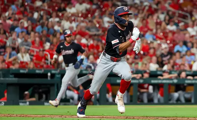 Washington Nationals' Nasim Nuñez runs on an RBI single during the sixth inning of a baseball game against the St. Louis Cardinals, Saturday, Sept. 19, 2026, in St. Louis. (AP Photo/Scott Kane)