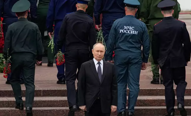 FILE - Russian President Vladimir Putin attends a wreath-laying ceremony at the Tomb of the Unknown Soldier by the Kremlin wall in Moscow on Monday, June 22, 2026, marking the 85th anniversary of the invasion of the Soviet Union by Nazi Germany in World War II. (AP Photo/Alexander Zemlianichenko, Pool, File)