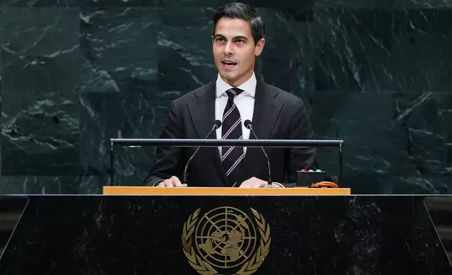 Netherlands Prime Minister Rob Jetten addresses the 81st session of the United Nations General Assembly at U.N. headquarters Thursday, Sept. 24, 2026. (AP Photo/Frank Franklin II)