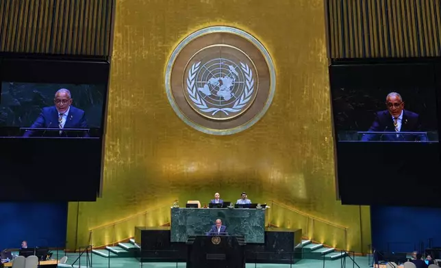 Saint Vincent and the Grenadines Prime Minister, Godwin Friday addresses the 81st session of the United Nations General Assembly at U.N. headquarters Friday, Sept. 25, 2026. (AP Photo/Frank Franklin II)