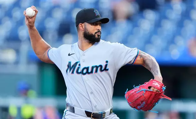Miami Marlins starting pitcher Sandy Alcantara throws during the first inning of a baseball game against the Kansas City Royals, Thursday, Sept. 3, 2026, in Kansas City, Mo. (AP Photo/Charlie Riedel)