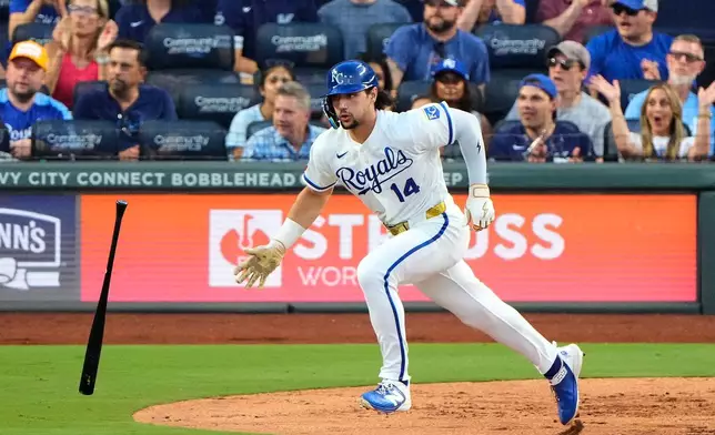 Kansas City Royals' Jac Caglianone runs to second after hitting an RBI double during the third inning of a baseball game against the Miami Marlins, Thursday, Sept. 3, 2026, in Kansas City, Mo. (AP Photo/Charlie Riedel)