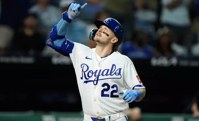 Kansas City Royals' Carter Jensen celebrates as he crosses the plate after hitting a two-run home run during the fifth inning of a baseball game against the Kansas City Royals, Thursday, Sept. 3, 2026, in Kansas City, Mo. (AP Photo/Charlie Riedel)