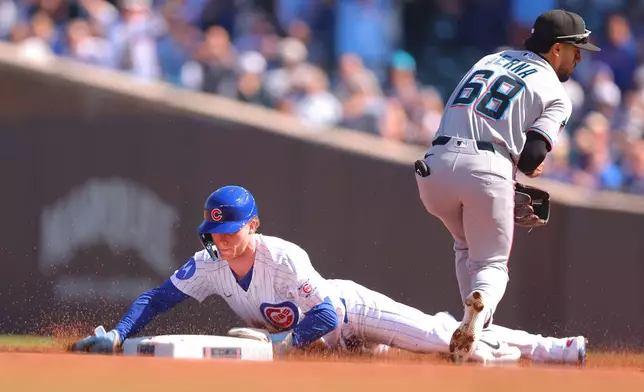 Chicago Cubs' Pete Crow-Armstrong steals second base for his 40th steal of the season during the first inning of a baseball game against the Miami Marlins, Thursday , Sept. 24, 2026, in Chicago. (AP Photo/Melissa Tamez)