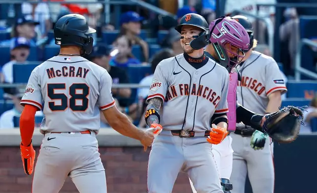 San Francisco Giants' Christian Koss , right , shakes hands with Grant McCray (58) after hitting a home run against the New York Mets during the third inning of a baseball game, Saturday, Sept. 5, 2026, in New York. (AP Photo/Noah K. Murray)