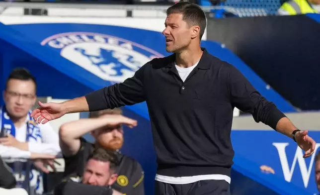 Chelsea's head coach Xabi Alonso reacts during the English Premier League soccer match between Chelsea and Hull City in London, Saturday, Sept. 12, 2026. (AP Photo/Dave Shopland)