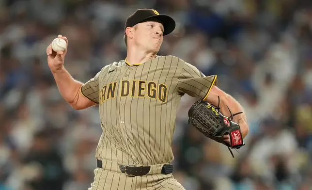 San Diego Padres starting pitcher Nick Pivetta throws to the plate during the first inning of a baseball game against the Los Angeles Dodgers, Thursday, Sept. 24, 2026, in Los Angeles. (AP Photo/Mark J. Terrill)
