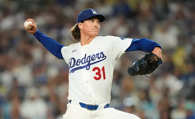 Los Angeles Dodgers starting pitcher Tyler Glasnow throws to the plate during the first inning of a baseball game against the San Diego Padres, Thursday, Sept. 24, 2026, in Los Angeles. (AP Photo/Mark J. Terrill)